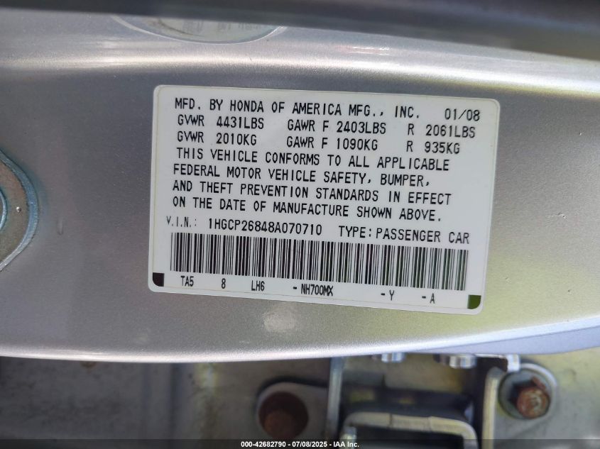 2008 Honda Accord 2.4 Ex-L VIN: 1HGCP26848A070710 Lot: 42682790