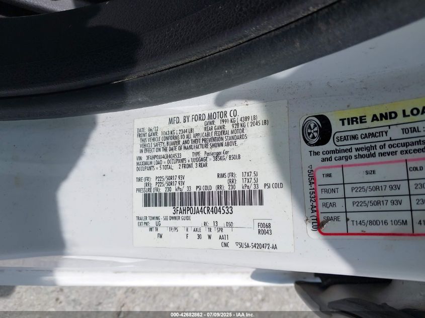 2012 Ford Fusion Sel VIN: 3FAHP0JA4CR404533 Lot: 42682862