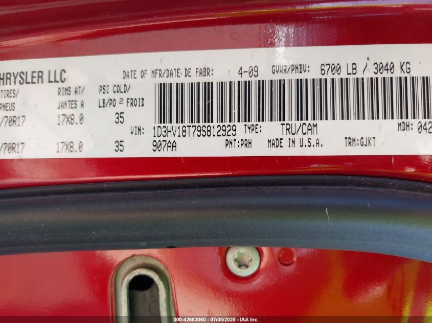 2009 Dodge Ram 1500 Laramie VIN: 1D3HV18T79S812929 Lot: 42683060
