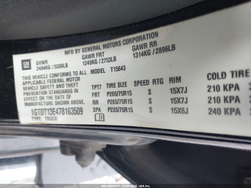 2007 GMC CANYON VIN: 1GTDT13E478163509