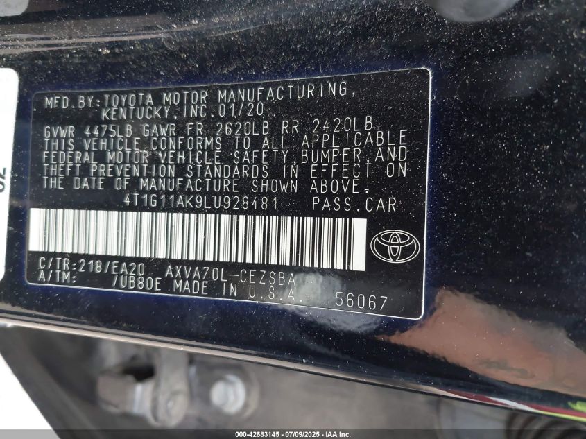 2020 Toyota Camry Se VIN: 4T1G11AK9LU928481 Lot: 42683145