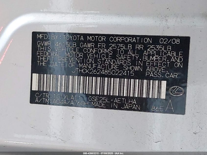 2008 Lexus Is 250 VIN: JTHCK262485022415 Lot: 42683215