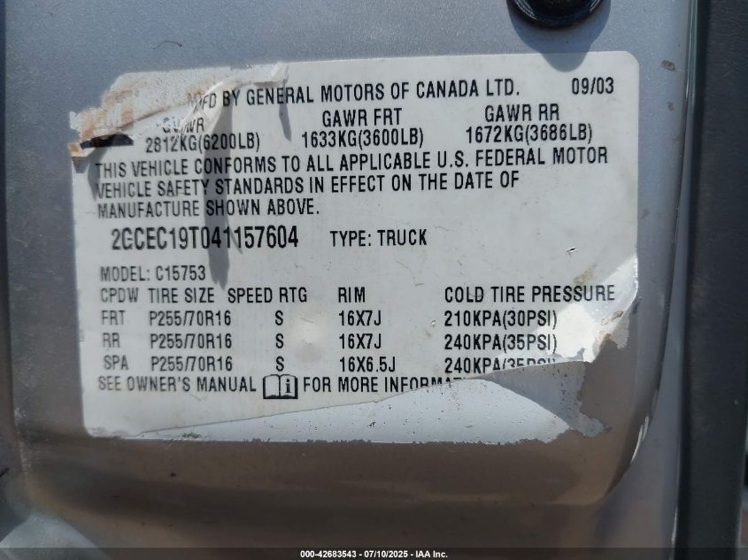 2004 Chevrolet Silverado 1500 Lt VIN: 2GCEC19T041157604 Lot: 43336164