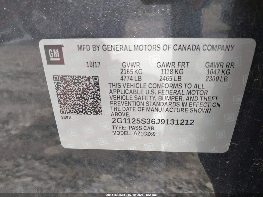 2018 CHEVROLET IMPALA 2LZ - 2G1125S36J9131212