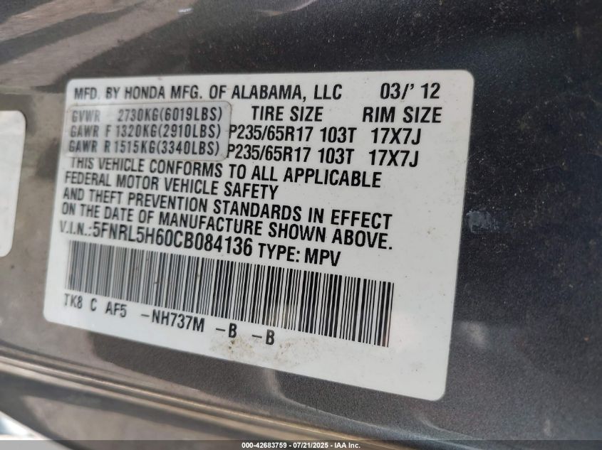 2012 Honda Odyssey Ex-L VIN: 5FNRL5H60CB084136 Lot: 42683759