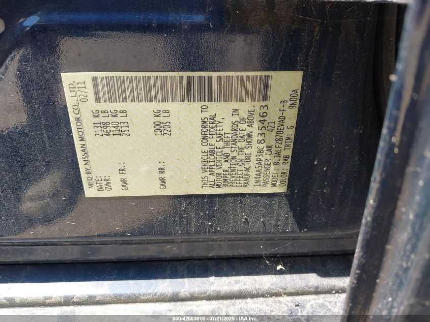 2011 Nissan Maxima 3.5 Sv VIN: 1N4AA5AP3BC835463 Lot: 42683818