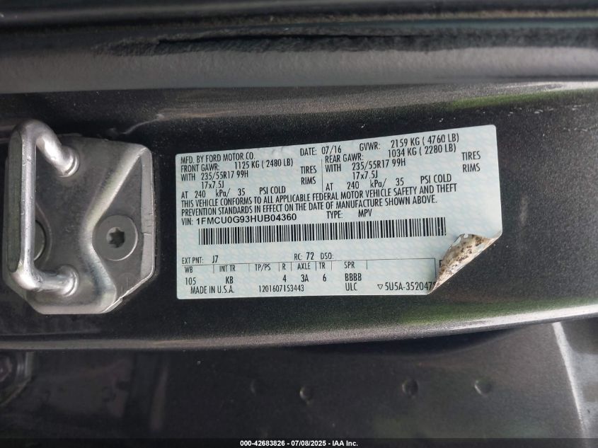 2017 Ford Escape Se VIN: 1FMCU0G93HUB04360 Lot: 42683826