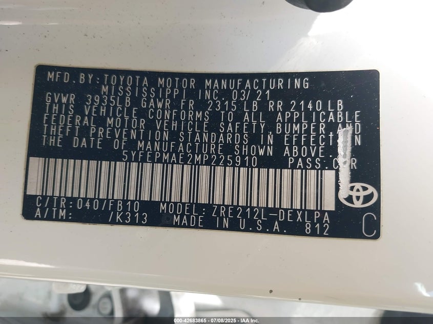 2021 Toyota Corolla Le VIN: 5YFEPMAE2MP225910 Lot: 42683865