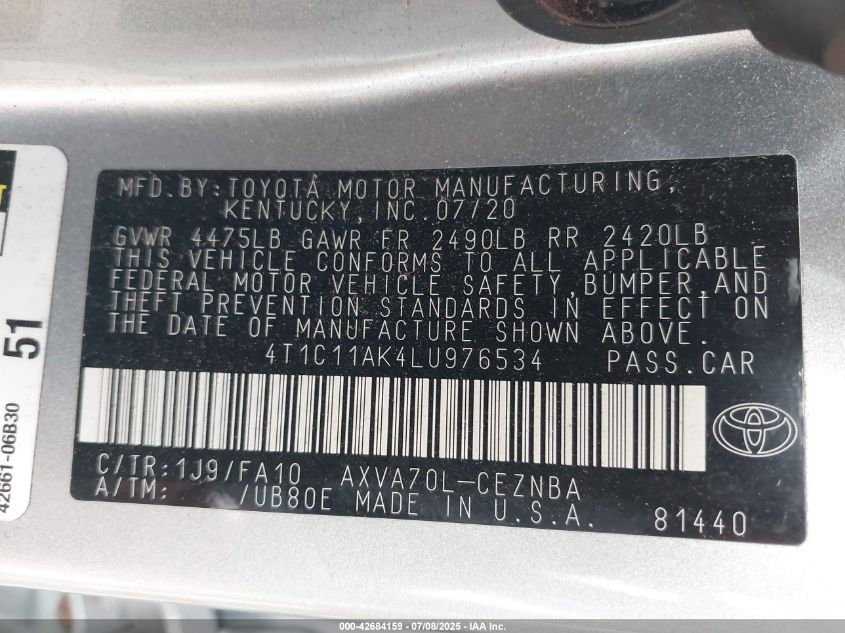 2020 Toyota Camry Le VIN: 4T1C11AK4LU976534 Lot: 42684159