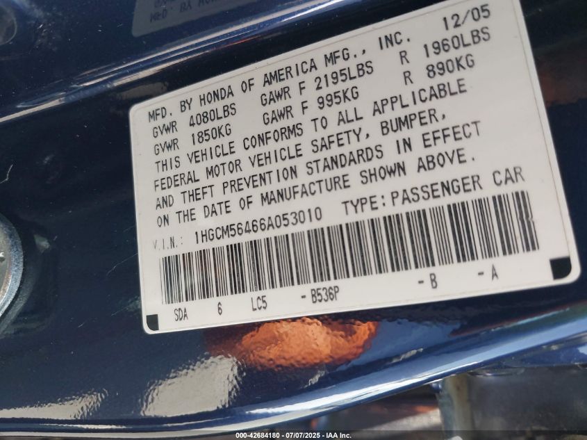 2006 Honda Accord 2.4 Lx VIN: 1HGCM56466A053010 Lot: 42684180