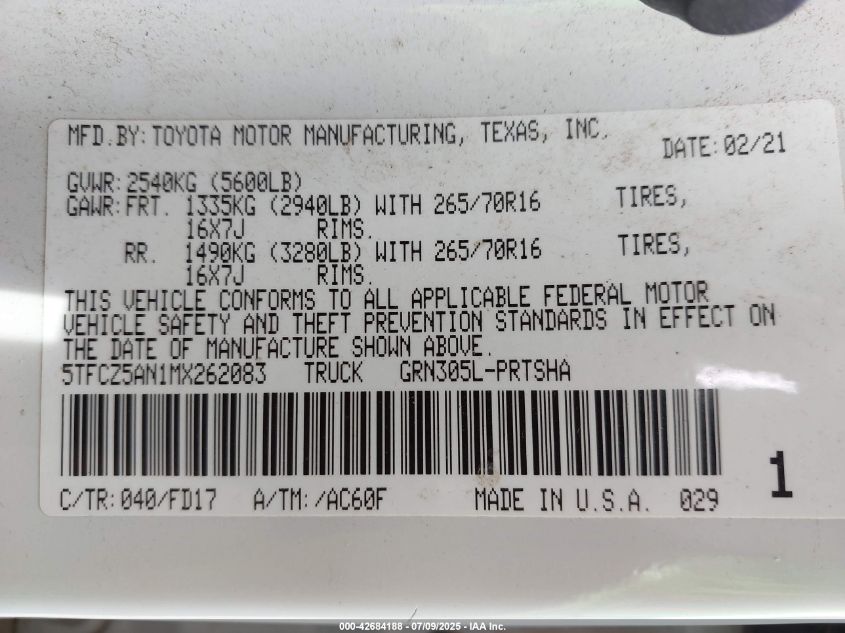 2021 Toyota Tacoma - 5TFCZ5AN1MX262083