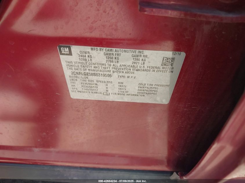 2011 Chevrolet Equinox Ltz VIN: 2CNFLGE58B6319506 Lot: 42684234