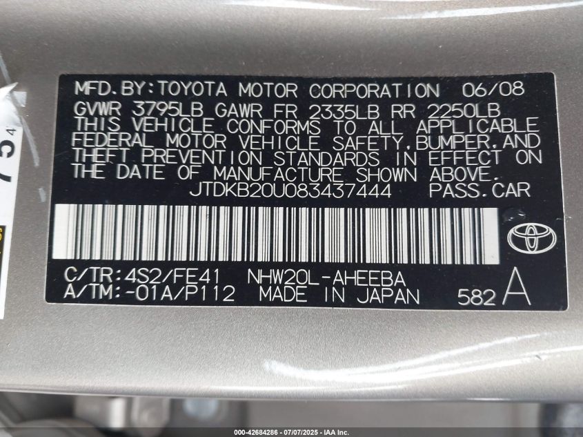 2008 Toyota Prius VIN: JTDAB20U083437444 Lot: 42684286