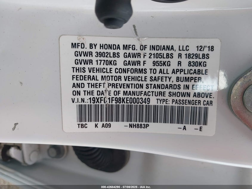 2019 HONDA CIVIC TOURING - 19XFC1F98KE000349