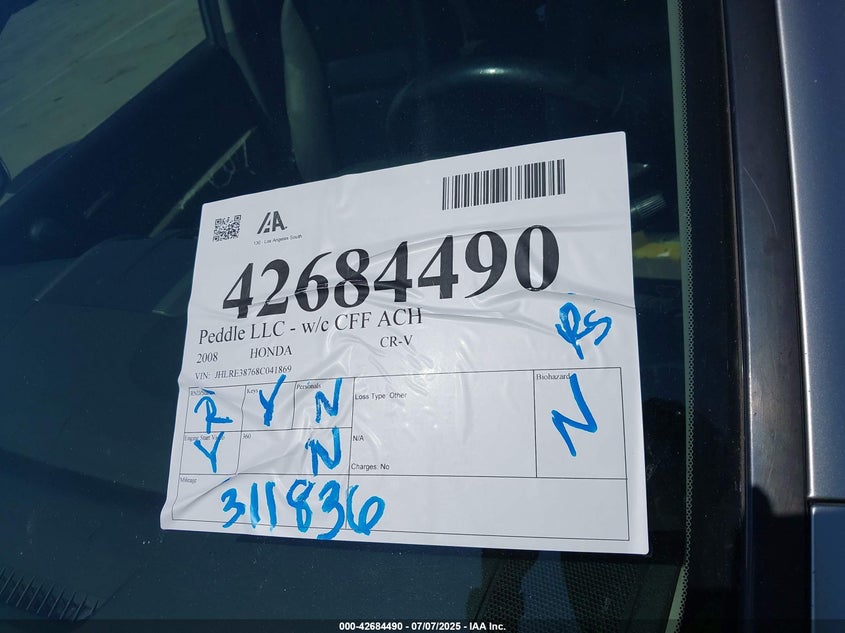 2008 HONDA CR-V VIN: JHLRE38768C041869
