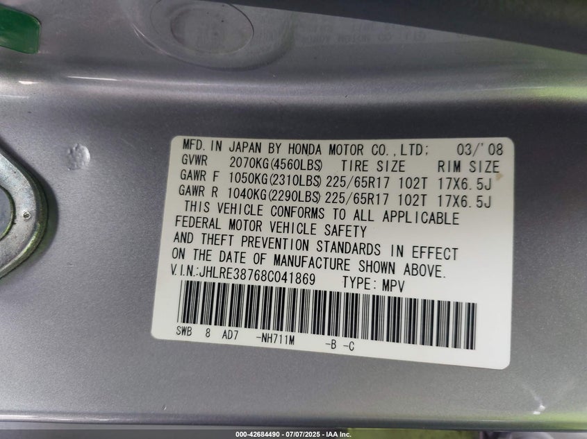 2008 HONDA CR-V VIN: JHLRE38768C041869