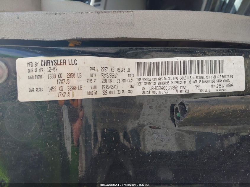 2008 Jeep Grand Cherokee Limited VIN: 1J8HR58N08C177852 Lot: 43444430