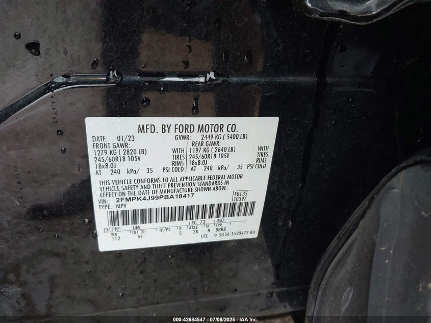 2023 Ford Edge Sel VIN: 2FMPK4J99PBA18417 Lot: 42684547