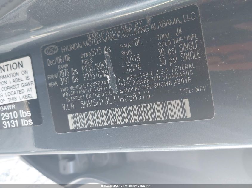 2007 Hyundai Santa Fe Limited/Se VIN: 5NMSH13E77H058373 Lot: 42684565
