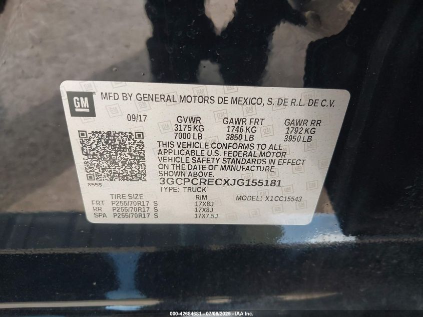 2018 Chevrolet Silverado 1500 1Lt VIN: 3GCPCRECXJG155181 Lot: 42684681