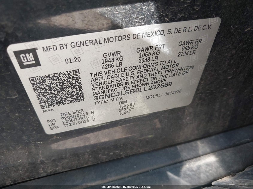 2020 CHEVROLET TRAX FWD LT - 3GNCJLSB0LL232669