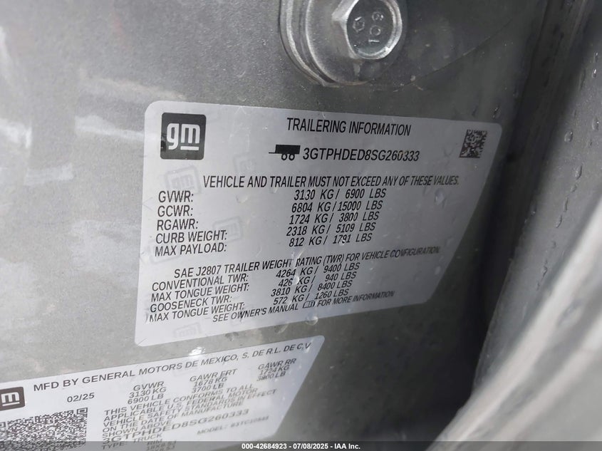 2025 GMC SIERRA VIN: 3GTPHDED8SG260333