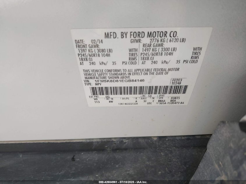 2014 Ford Explorer Xlt VIN: 1FM5K8D81EGB84146 Lot: 42684961