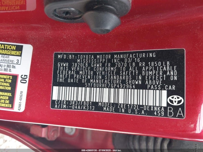 2016 TOYOTA COROLLA LE - 5YFBURHE7GP492964