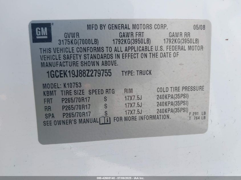 2008 Chevrolet Silverado 1500 Work Truck VIN: 1GCEK19J88Z279755 Lot: 42685140