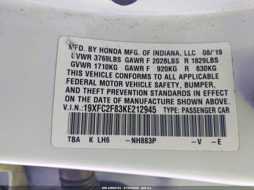 2019 HONDA CIVIC SPORT - 19XFC2F83KE212945