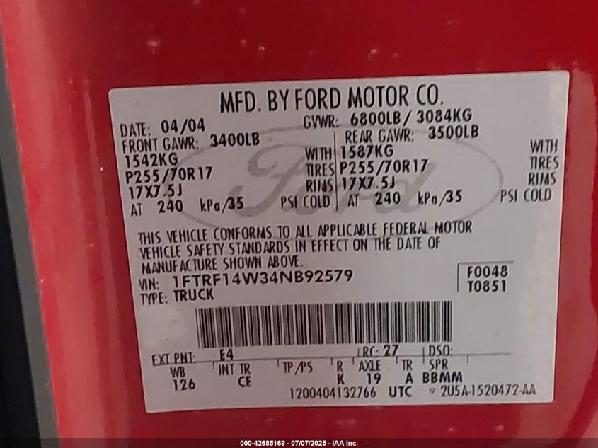 2004 Ford F-150 Stx/Xl/Xlt VIN: 1FTRF14W34NB92579 Lot: 42685169