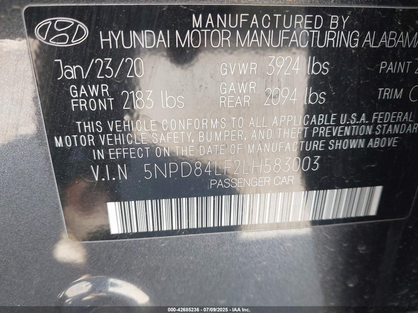 VIN 5NPD84LF2LH583003 2020 HYUNDAI ELANTRA SEL