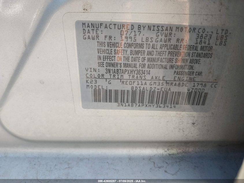 2017 Nissan Sentra Sv VIN: 3N1AB7APXHY363414 Lot: 42685287