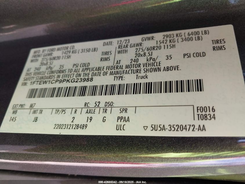 2023 Ford F-150 Xl VIN: 1FTEW1CP9PKG23988 Lot: 42685342