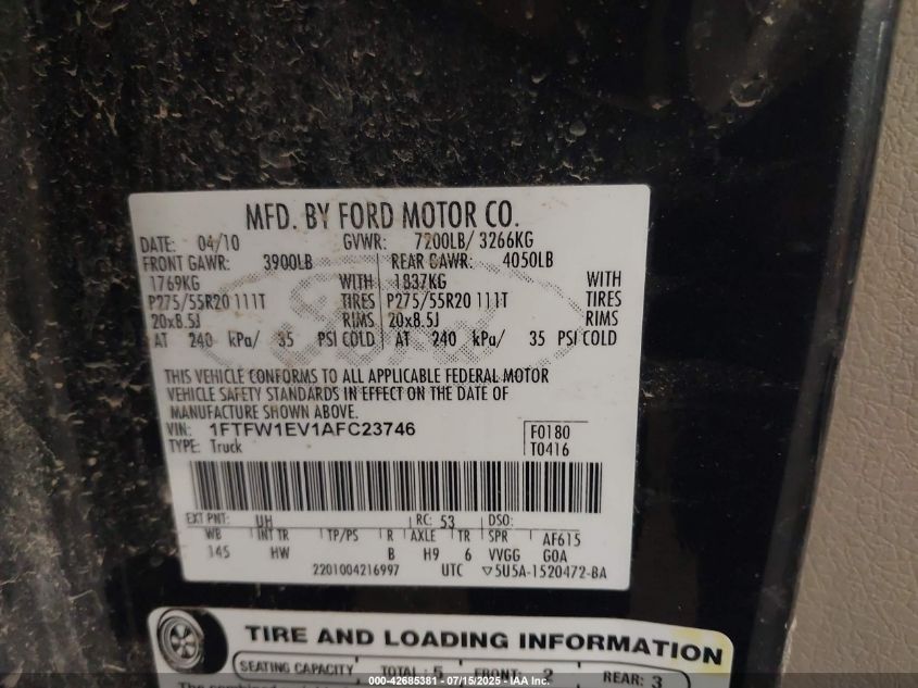 2010 Ford F-150 Fx4/Harley-Davidson/King Ranch/Lariat/Platinum/Xl/Xlt VIN: 1FTFW1EV1AFC23746 Lot: 42685381