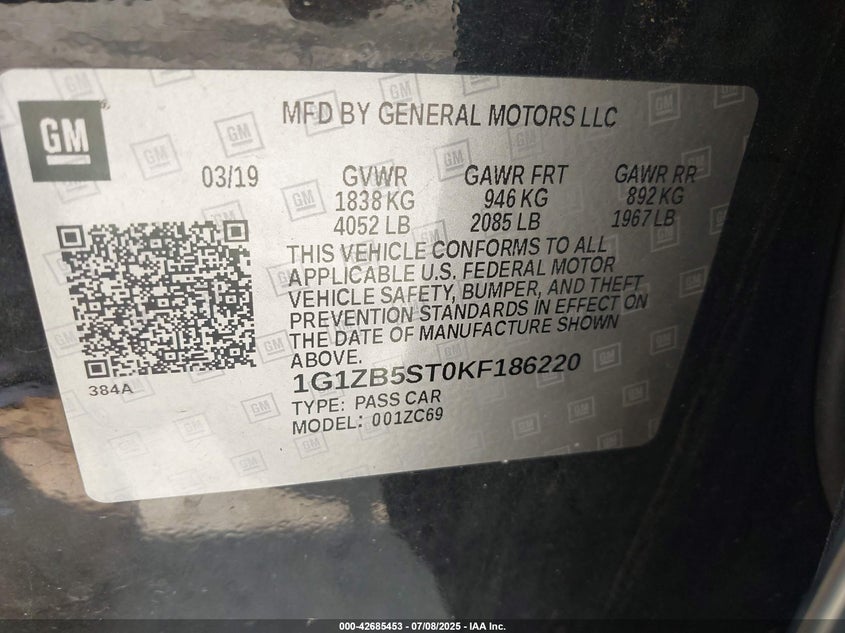 2019 CHEVROLET MALIBU 1LS - 1G1ZB5ST0KF186220