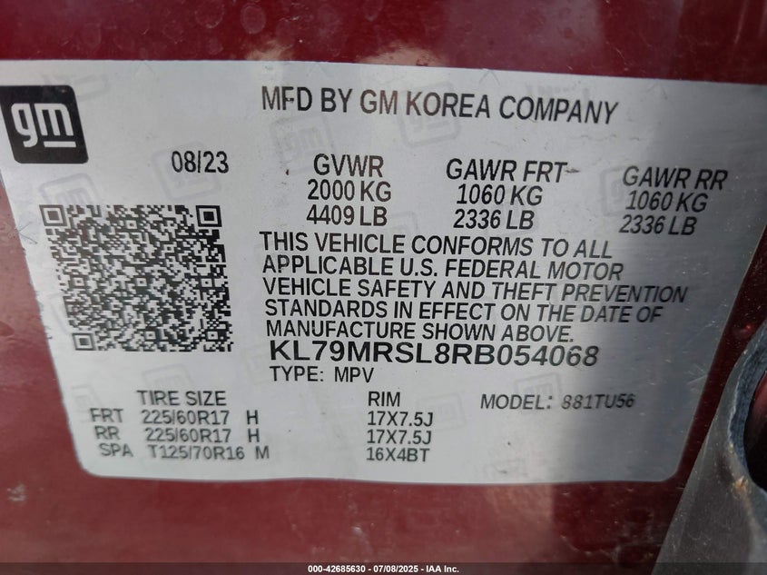 2024 CHEVROLET TRAILBLAZER 1.3L I3   N(VIN: KL79MRSL8RB054068