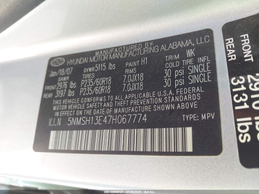 2007 Hyundai Santa Fe Limited/Se VIN: 5NMSH13E47H067774 Lot: 42685727