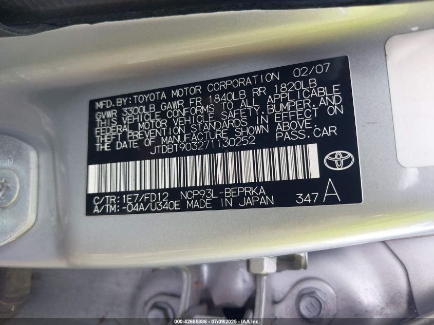 2007 Toyota Yaris VIN: JTDBT903271130252 Lot: 42685886