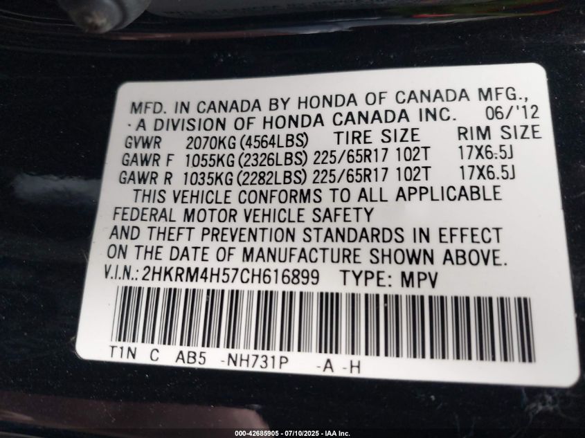 2012 Honda Cr-V Ex VIN: 2HKRM4H57CH616899 Lot: 42685905