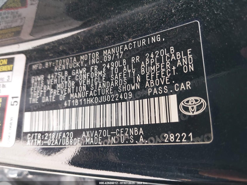 4T1B11HK0JU022409 2018 TOYOTA CAMRY photo no. 9