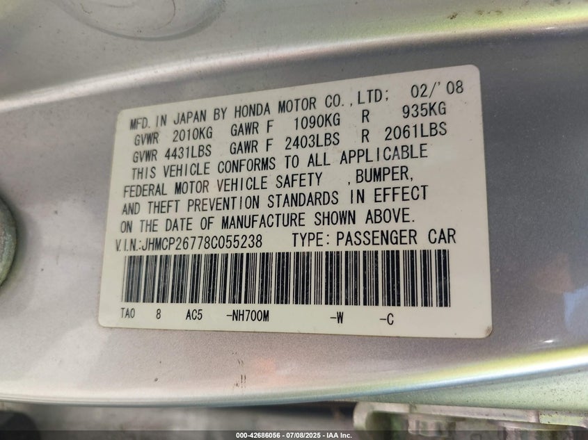 2008 Honda Accord 2.4 Ex VIN: JHMCP26778C055238 Lot: 42686056
