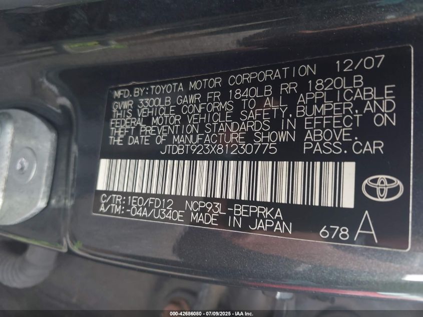 2008 Toyota Yaris VIN: JTDBT923X81230775 Lot: 42686080