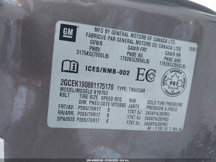2008 Chevrolet Silverado 1500 Lt1/Lt2/Ltz/Work Truck VIN: 2GCEK190881175170 Lot: 42686186