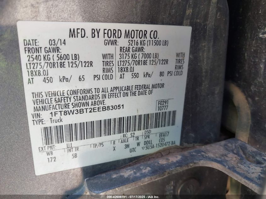 2014 Ford F-350 Lariat VIN: 1FT8W3BT2EEB83051 Lot: 42686191