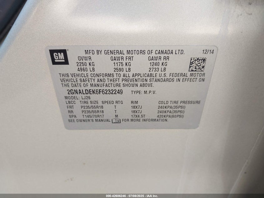 2015 CHEVROLET EQUINOX VIN: 2GNALDEK6F6232249
