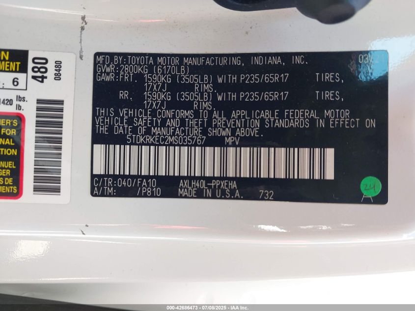 2021 Toyota Sienna Le VIN: 5TDKRKEC2MS035767 Lot: 42686473