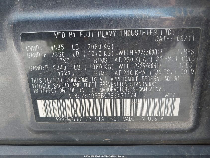 2011 Subaru Outback 2.5I Premium VIN: 4S4BRBBC7B3431174 Lot: 42686509