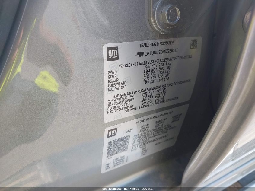 2025 GMC Sierra 1500 4Wd Short Box Slt VIN: 1GTUUDE86SZ266147 Lot: 42686566