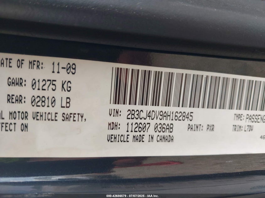 2010 DODGE CHALLENGER VIN: 2B3CJ4DV9AH162845